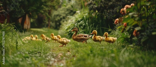 Mother duck leading ducklings through a lush garden in springtime
