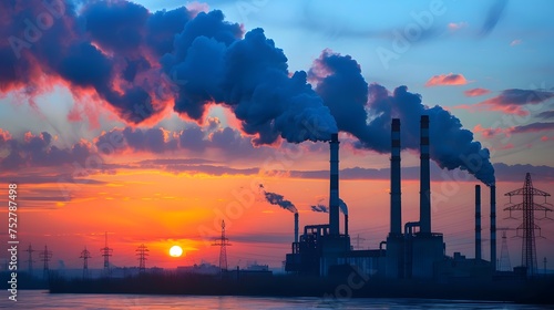 Power Plants Emissions at Sunset - Environmental Activism, To raise awareness about air pollution and the impact of power plants on the environment,
