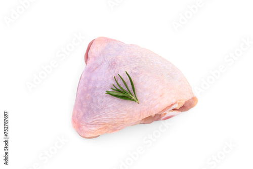 Raw chicken thigh with rosemary isolated on white background.