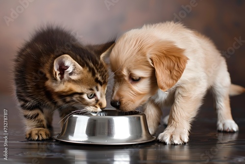 Kitten and puppy sharing a water from one bowl. Friendship concept. Cute pets. Design for banner, poster. 