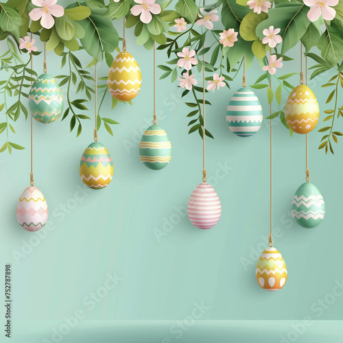 Pastel colored Easter eggs adorned with various patterns hanging from branches with spring flowers against a light green background