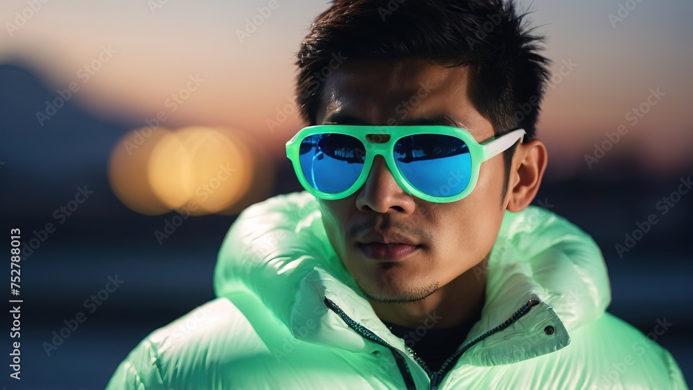 Fashion asian man with a white glowing neon puffer jacket and modern glasses Fashion asian man with a white glowing neon puffer jacket and modern glasses