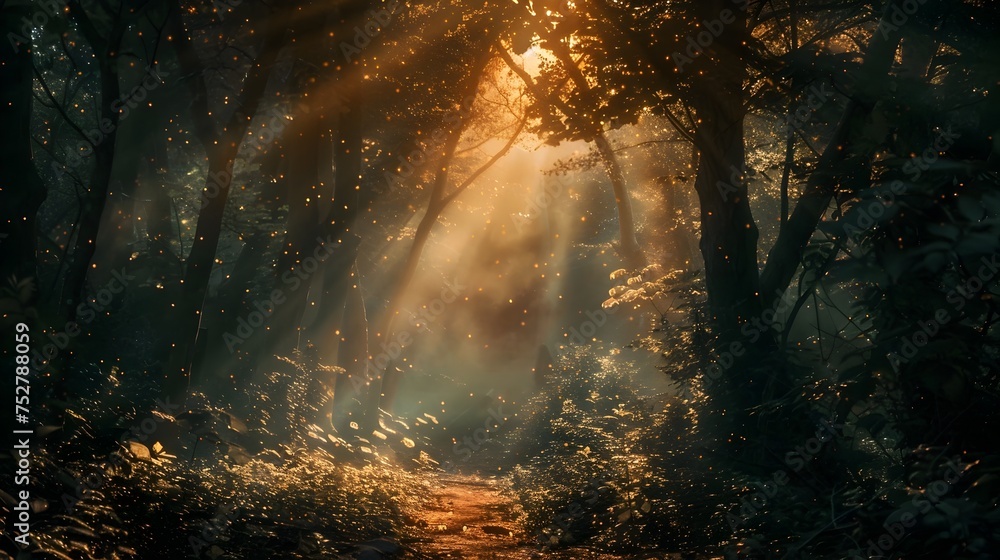 Sunlight Rays Through Dark Forest at Summer Dawn, To evoke a sense of tranquility and beauty in a fantasy setting, ideal for book covers, gaming, or