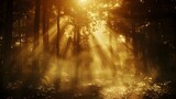 Golden Sunbeams Filtering Through a Forest, To provide a captivating and peaceful background image for a variety of uses, from desktop wallpaper to