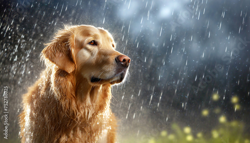 A happy golden retriever dog sitting in the rain outdoors
