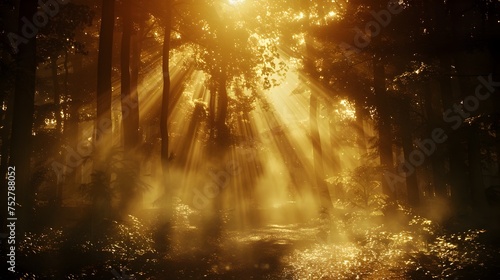 Golden Sunbeams Filtering Through a Forest, To provide a captivating and peaceful background image for a variety of uses, from desktop wallpaper to
