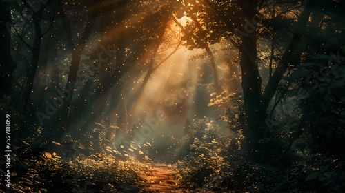 Sunlight Rays Through Dark Forest at Summer Dawn, To evoke a sense of tranquility and beauty in a fantasy setting, ideal for book covers, gaming, or