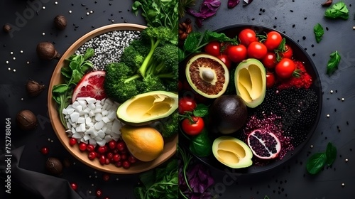 Panorama of fresh vegetables on black background, healthy food and nutrition concept