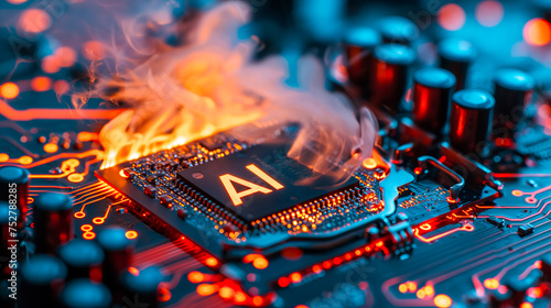 Advanced computer processor chip with AI acceleration is burning in dark digital environment. photo