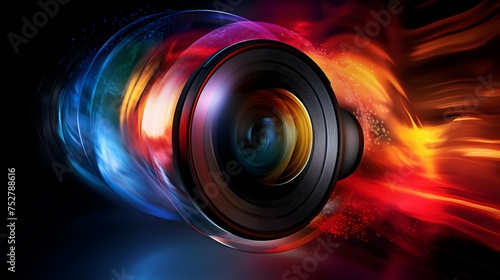Digital camera lens in motion, close-up. Abstract background.
