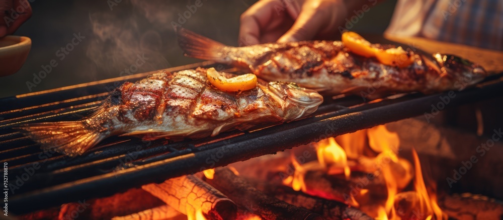 Person Grilling Delicious Fish Fillets Outdoors on a Perfect Summer Day