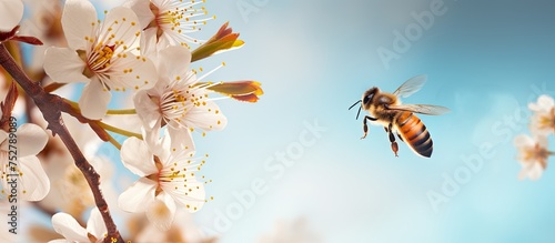Graceful Bee Soaring Above Blossoming Tree Branches in Spring Garden Oasis © Ilgun