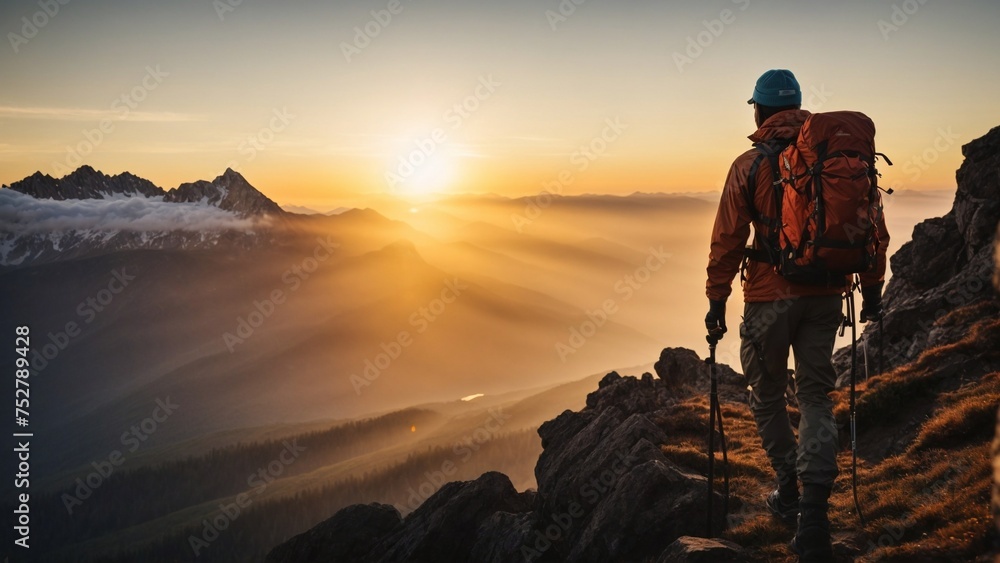 Close-up high-resolution silhouette of a person on a mountain top at sunset, wearing cool hiking gears. Successful journey.