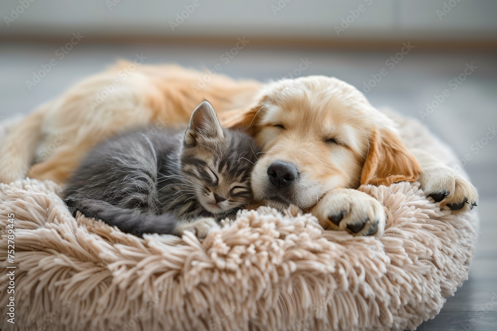 Tabby kitten cuddling with a sleeping golden retriever. Cute pets in cozy home. Friendship concept. Design for banner, poster Tabby kitten cuddling with a sleeping golden retriever. Cute pets in cozy home. Friendship concept. Design for banner, poster