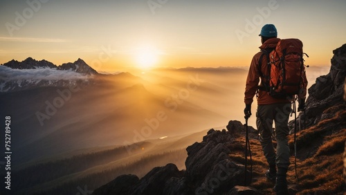 Close-up high-resolution silhouette of a person on a mountain top at sunset, wearing cool hiking gears. Successful journey.