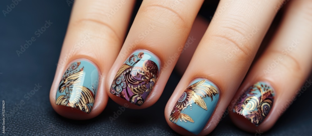 Elegant Woman's Hand Adorned with Stunning Blue Manicure Featuring Gold and Purple Floral Designs Elegant Woman's Hand Adorned with Stunning Blue Manicure Featuring Gold and Purple Floral Designs