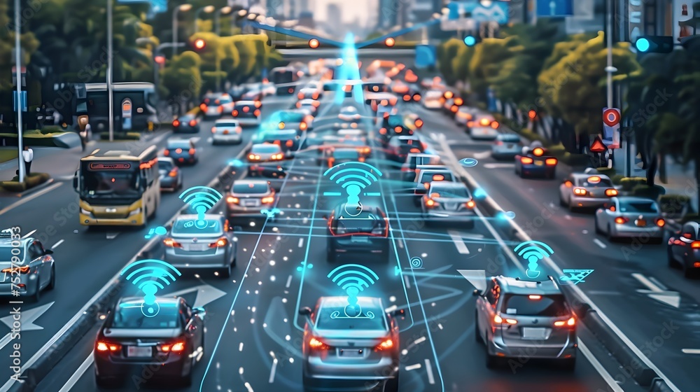 Connected Autonomous Vehicles Driving Through a Modern City, To convey the concept of advanced and connected transportation technology in urban life,