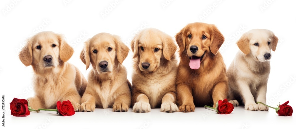 Obraz premium Diverse Group of Cute Puppies Sitting by Vibrant Red Rose in a Playful Setting