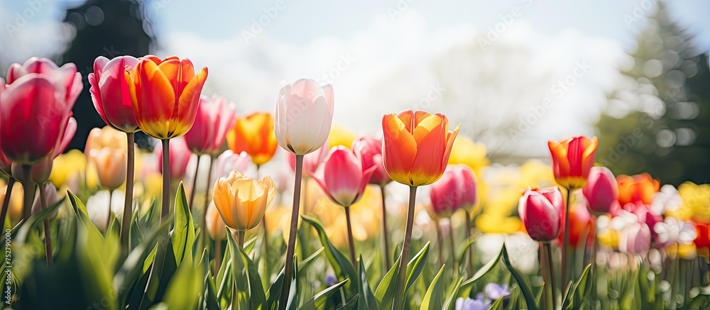 Vibrant Tulip Field Blooming with Colorful Flowers Under Bright Sunlight Vibrant Tulip Field Blooming with Colorful Flowers Under Bright Sunlight