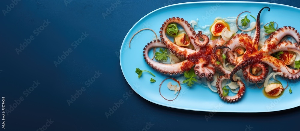 Delicious Plate of Grilled Octopus Tentacles Served with Fresh Salad Greens