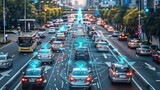 Connected Autonomous Vehicles Driving Through a Modern City, To convey the concept of advanced and connected transportation technology in urban life,