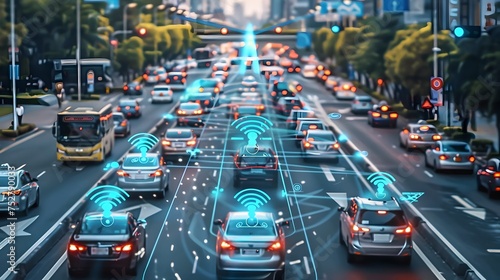 Connected Autonomous Vehicles Driving Through a Modern City, To convey the concept of advanced and connected transportation technology in urban life, photo