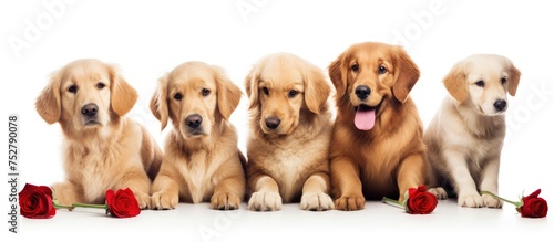 Diverse Group of Cute Puppies Sitting by Vibrant Red Rose in a Playful Setting