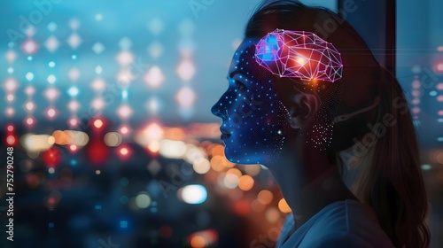 Woman Overlooking City with Brain-Inspired Headpiece, To convey a sense of wonder and curiosity about the future of technology and the human mind