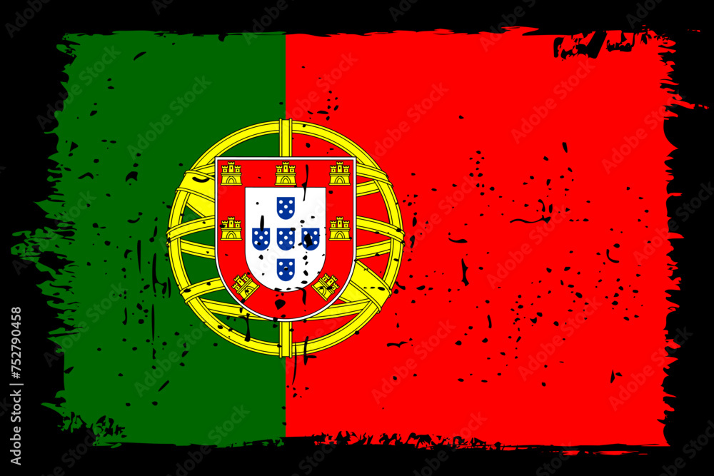 Portugal flag - vector flag with stylish scratch effect and black grunge frame.