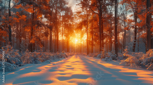 beautiful snowy winter landscape panorama with forest and sun. winter sunset in forest panoramic view. sun shines through snow covered trees.
