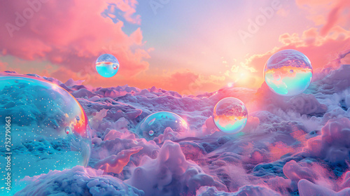 Retro psychedelic bubbles field planet in pop pink blu photo