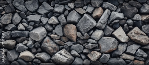 A black and white landscape featuring an assortment of rocks and gravel scattered across the ground. The rocks vary in size and shape, creating an uneven surface.