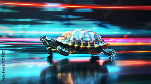 Close-up and side view of a fast turtle running at full speed in the race track with neon speed motion blur