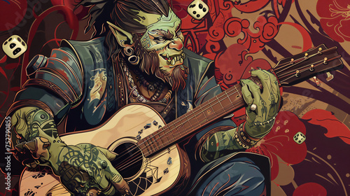 Retro Tattoo Style singing half orc bard with natural