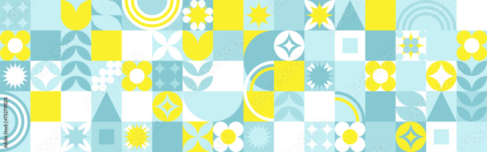Seamless geometric summer background from flowers ornament, bright textiles and wallpaper. Daisies and bells in yellow and blue sunny shades for packaging goods and gifts. - obrazy, fototapety, plakaty 