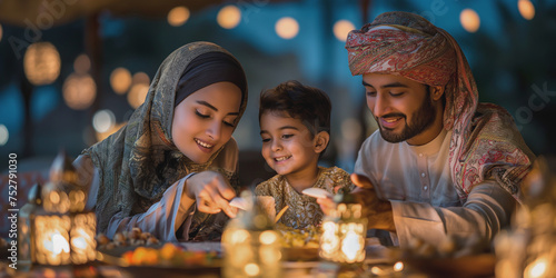 Joyous Family Gathering for Ramadan Iftar. Happy family enjoying a traditional Iftar meal during Ramadan  with festive lights and decorations.