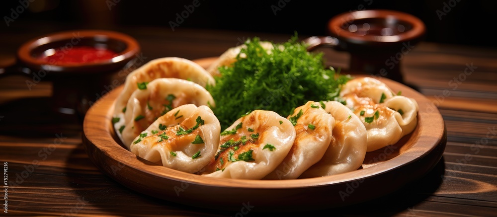 Delicious Plate of Dumplings Served with a Tasty Assortment of Fresh Parisian Cuisine