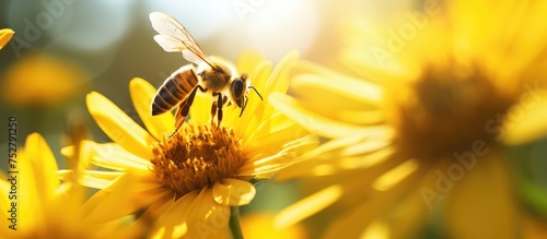 Vibrant Bee Pollinating a Bright Yellow Flower in a Summer Garden © Ilgun