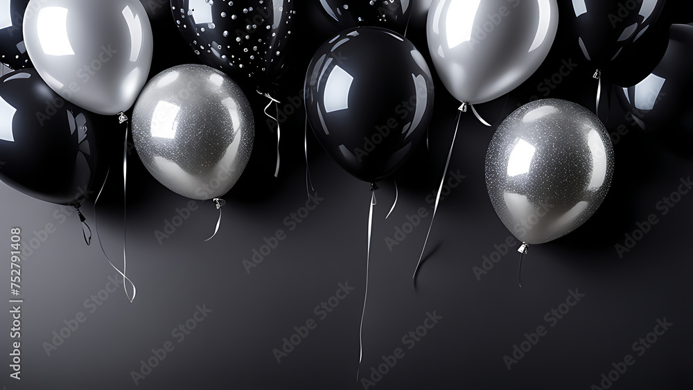 a bunch of black silver balloons. for a product card, for a postcard, for a birthday a bunch of black silver balloons. for a product card, for a postcard, for a birthday