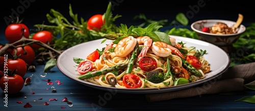 Delicious Plate of Pasta with Shrimp, Tomatoes, and Broccoli - Gourmet Italian Cuisine