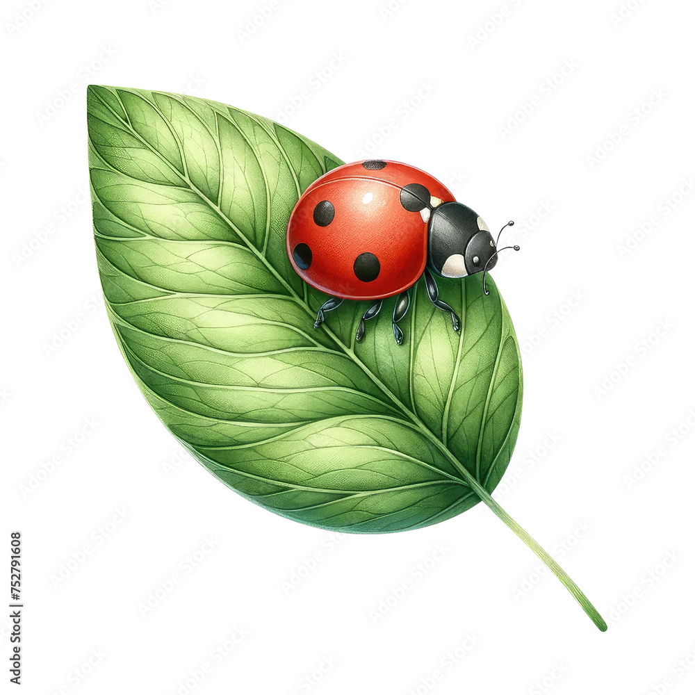 Fototapeta premium Ladybug crawling on green leave. watercolor illustration, funny little insect collection. Spring and summer vector illustration.