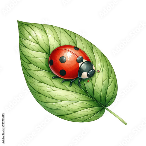 Ladybug crawling on green leave. watercolor illustration, funny little insect collection. Spring and summer vector illustration.