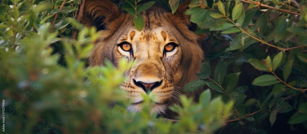 Intense Stare: Lion Face Peeking Through Dense Foliage in the Wild Intense Stare: Lion Face Peeking Through Dense Foliage in the Wild