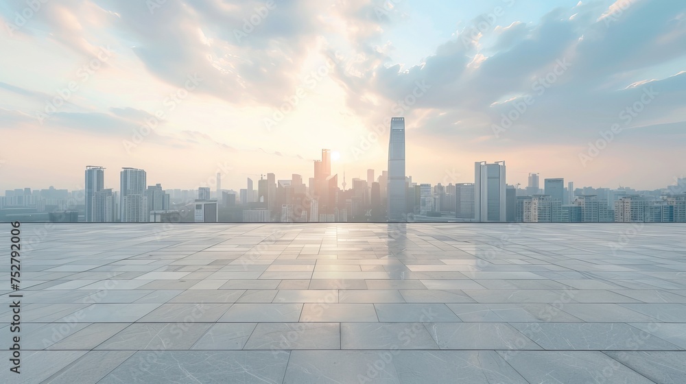 Empty square floor and city skyline with building background - obrazy, fototapety, plakaty 