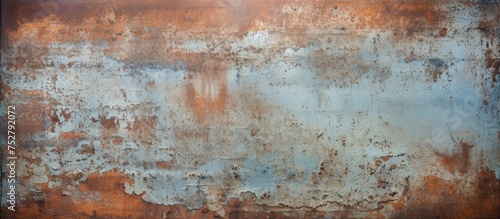 A rusted metal plate is featured against a background of brown and blue hues. The plate shows signs of corrosion and wear, giving it a weathered appearance. photo