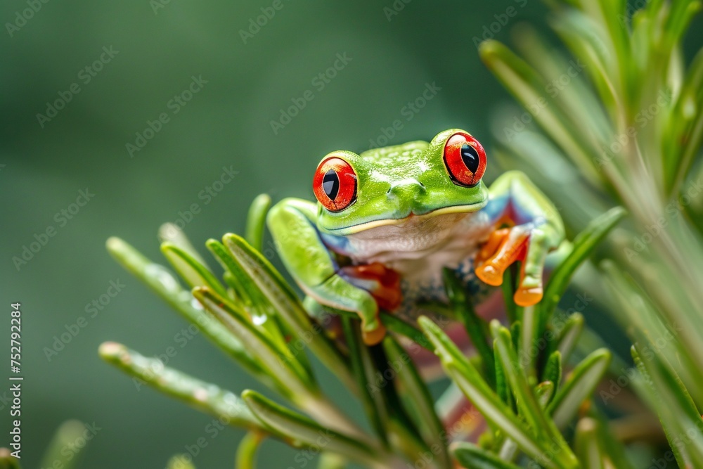 Fototapeta premium Frog in Focus A Close-Up of a Green Frog with Red Eyes Generative AI