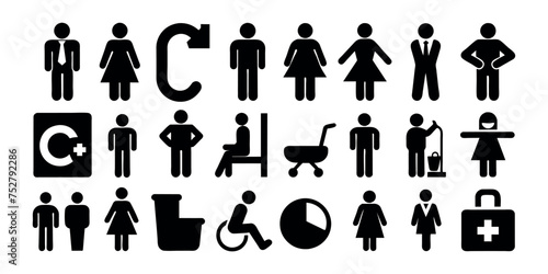 WC icons set. Toilet sign. Man, woman, mother with baby and handicapped silhouettes collection. Male and female restroom photo