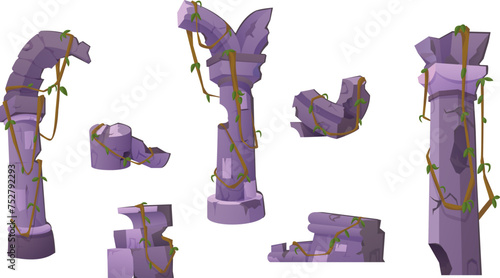 Broken ancient column pieces isolated on white background. Vector cartoon illustration of antique greek or roman arch pillar stones, abandoned palace, historical excavation site design elements