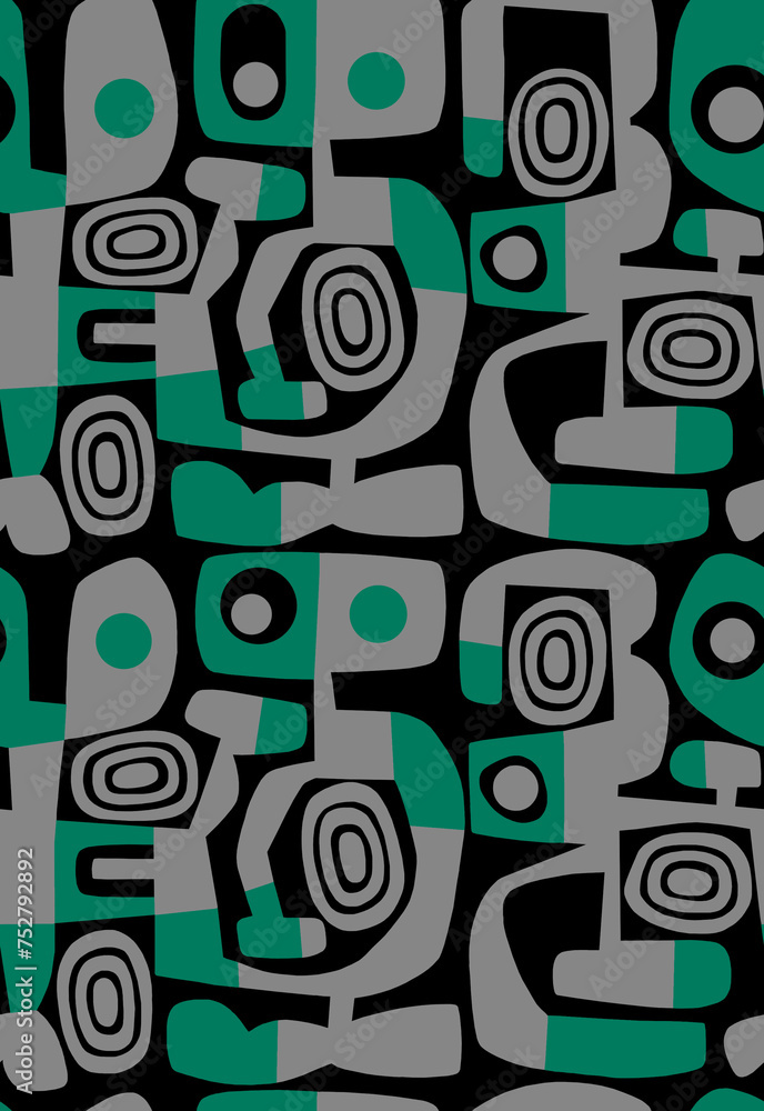 A hand-drawn drawing of geometric shapes in gray-green tones on a black background .Seamless background.