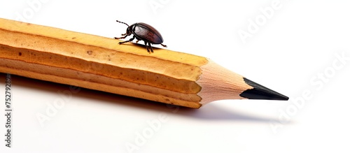 A Colorful Bug Perched on a Wooden Pencil Against a Bright Background